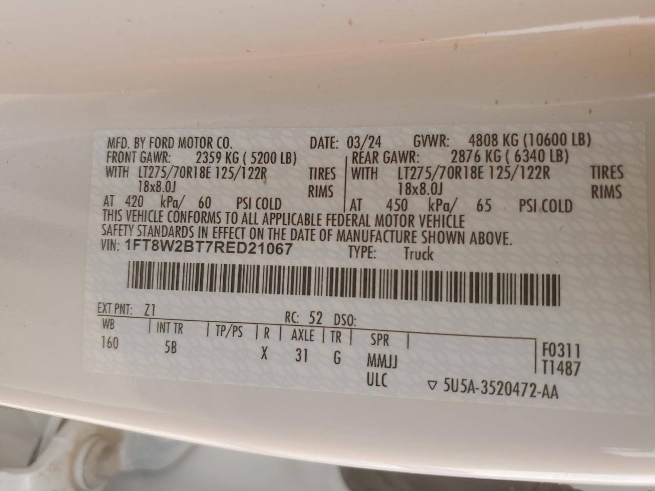 2024 FORD F250 SUPER DUTY VIN:1FT8W2BT7RED21067