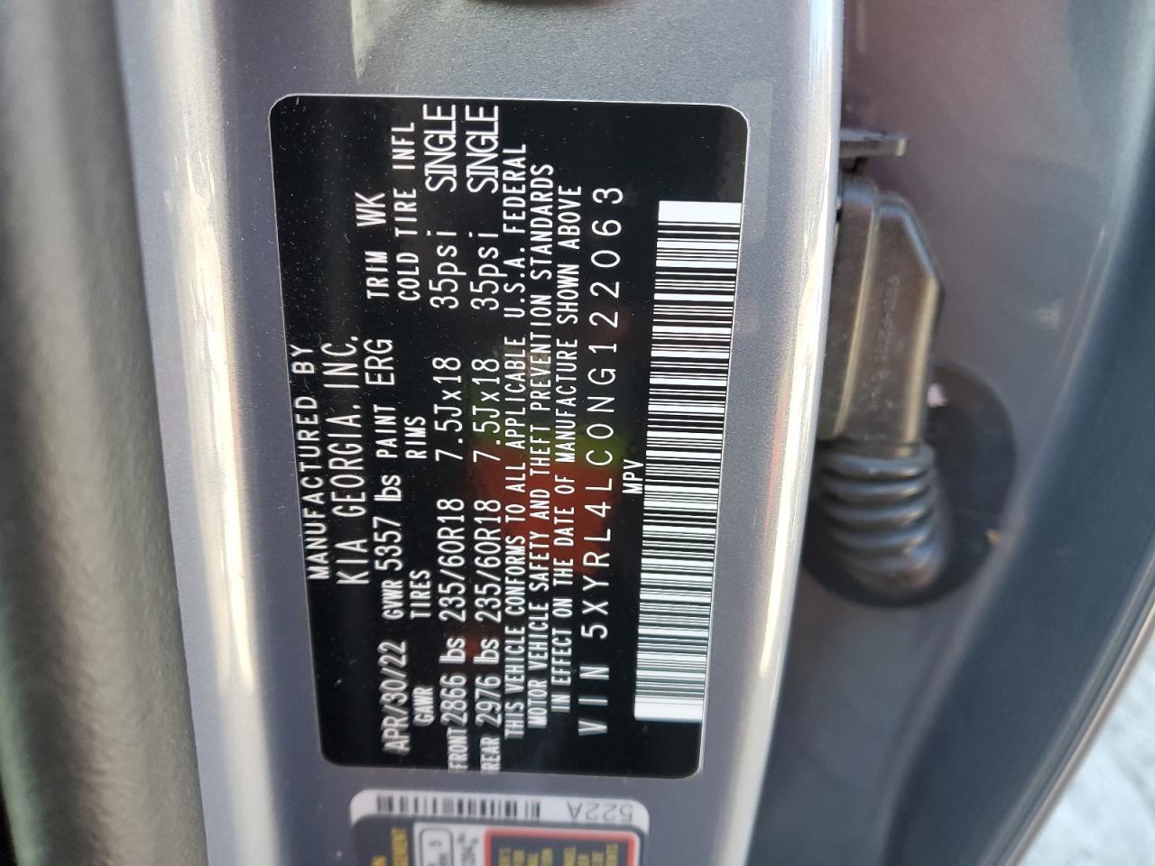 2022 KIA SORENTO S VIN:5XYRL4LC0NG122063