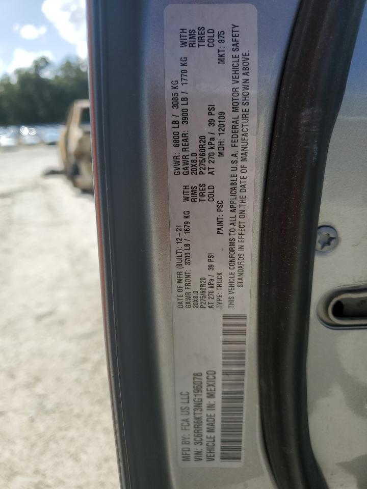 2022 RAM 1500 CLASSIC TRADESMAN VIN:3C6RR6KT3NG196078