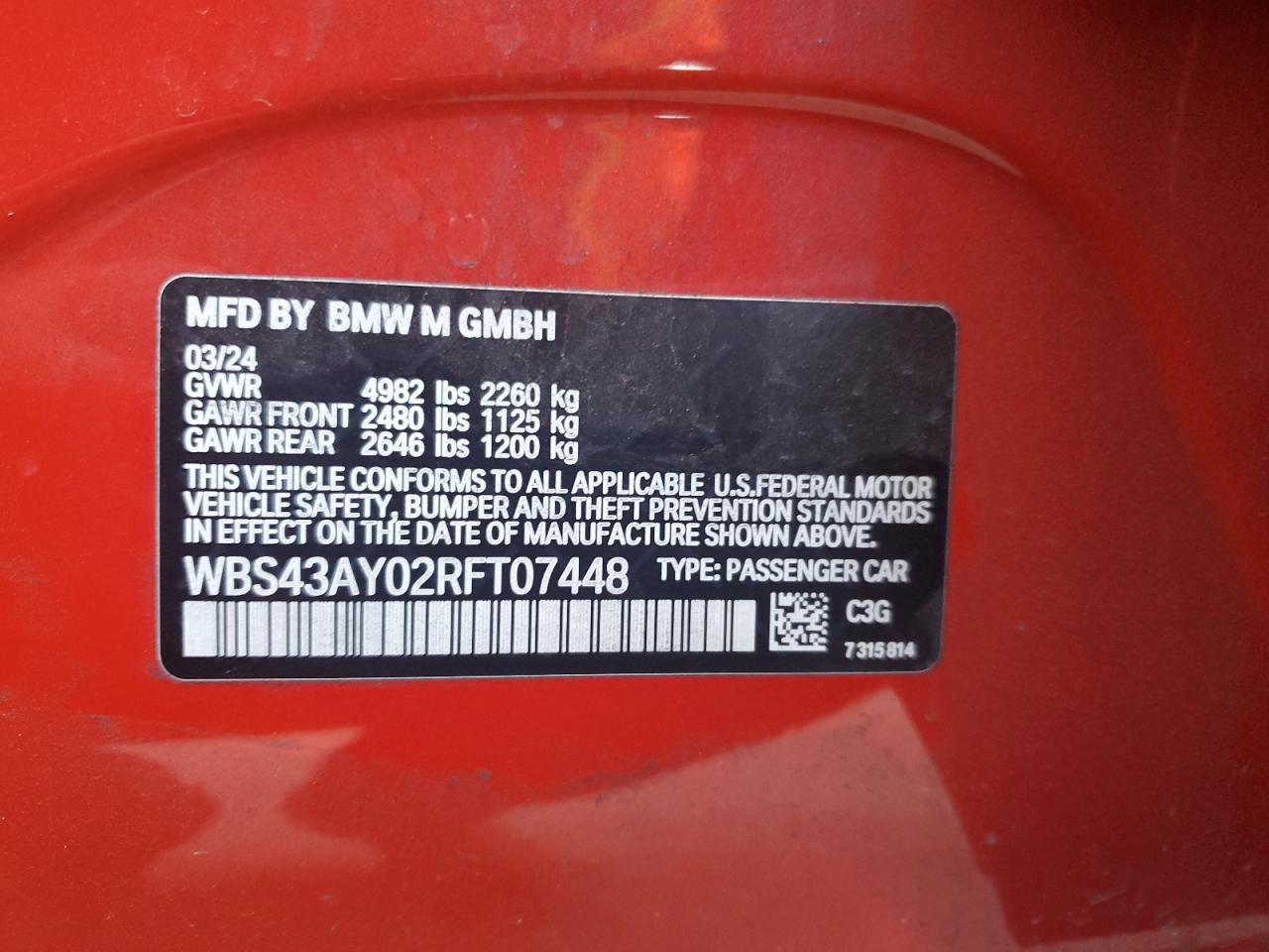 2024 BMW M3 COMPETITION VIN:WBS43AY02RFT07448