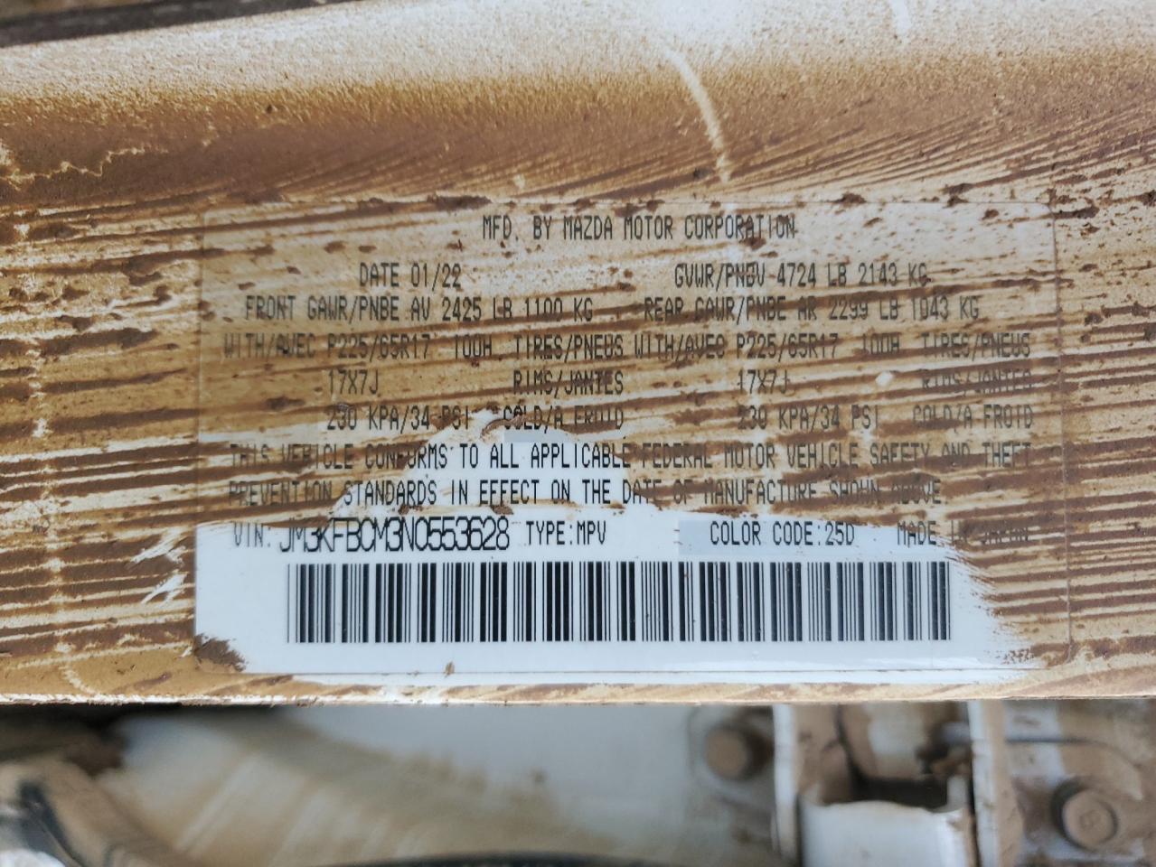 2022 MAZDA CX-5 PREFERRED VIN:JM3KFBCM3N0553628