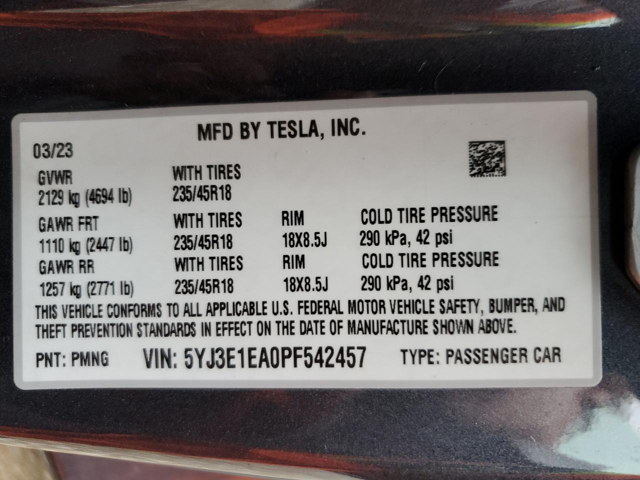 2023 TESLA MODEL 3 VIN:5YJ3E1EA0PF542457
