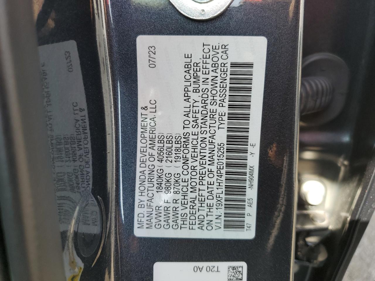 2023 HONDA CIVIC EXL VIN:19XFL1H74PE015255