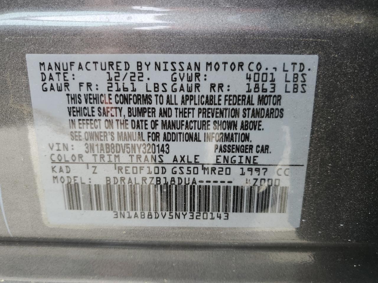 2022 NISSAN SENTRA SR VIN:3N1AB8DV5NY320143