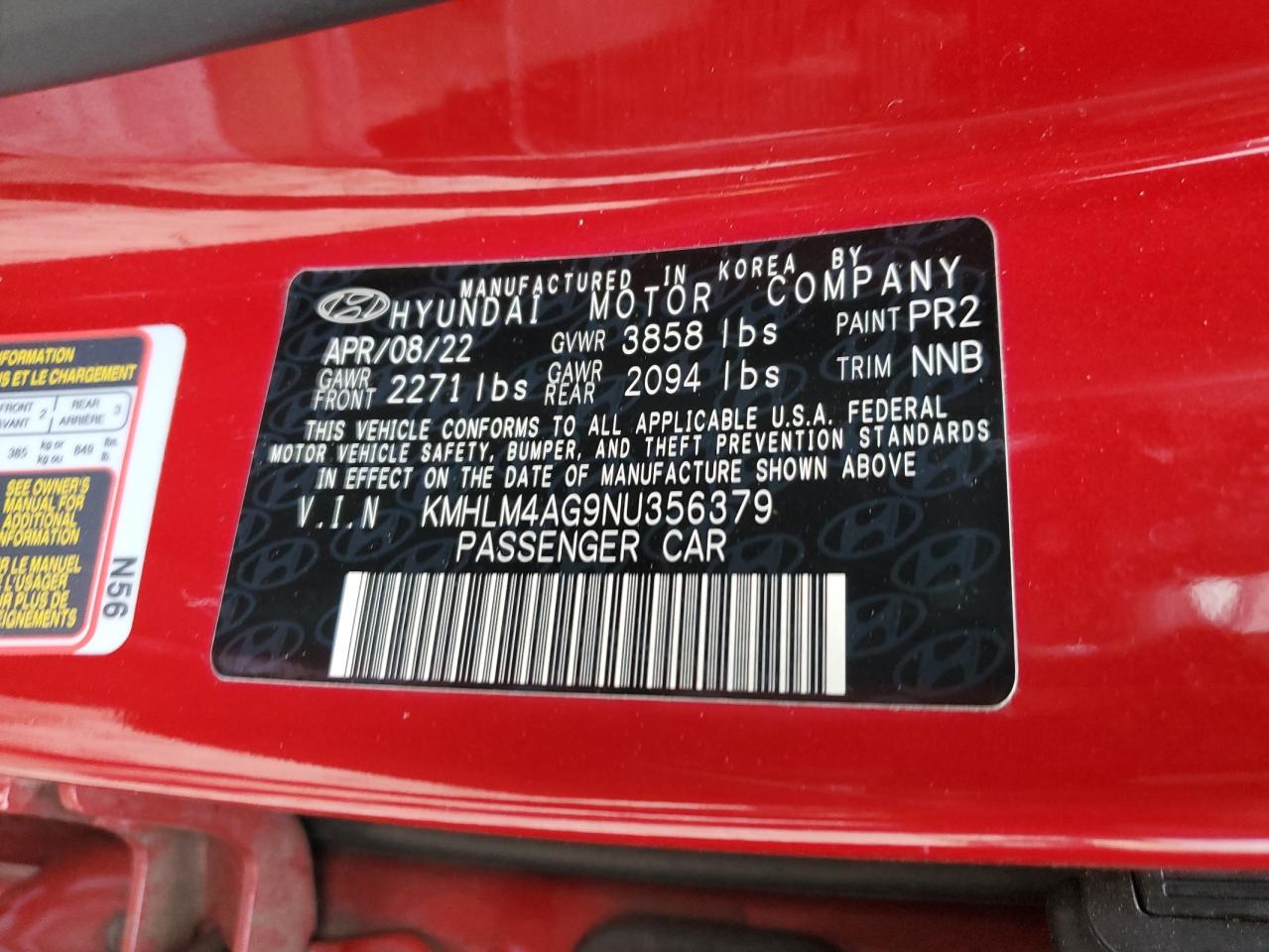 2022 HYUNDAI ELANTRA SEL VIN:KMHLM4AG9NU356379