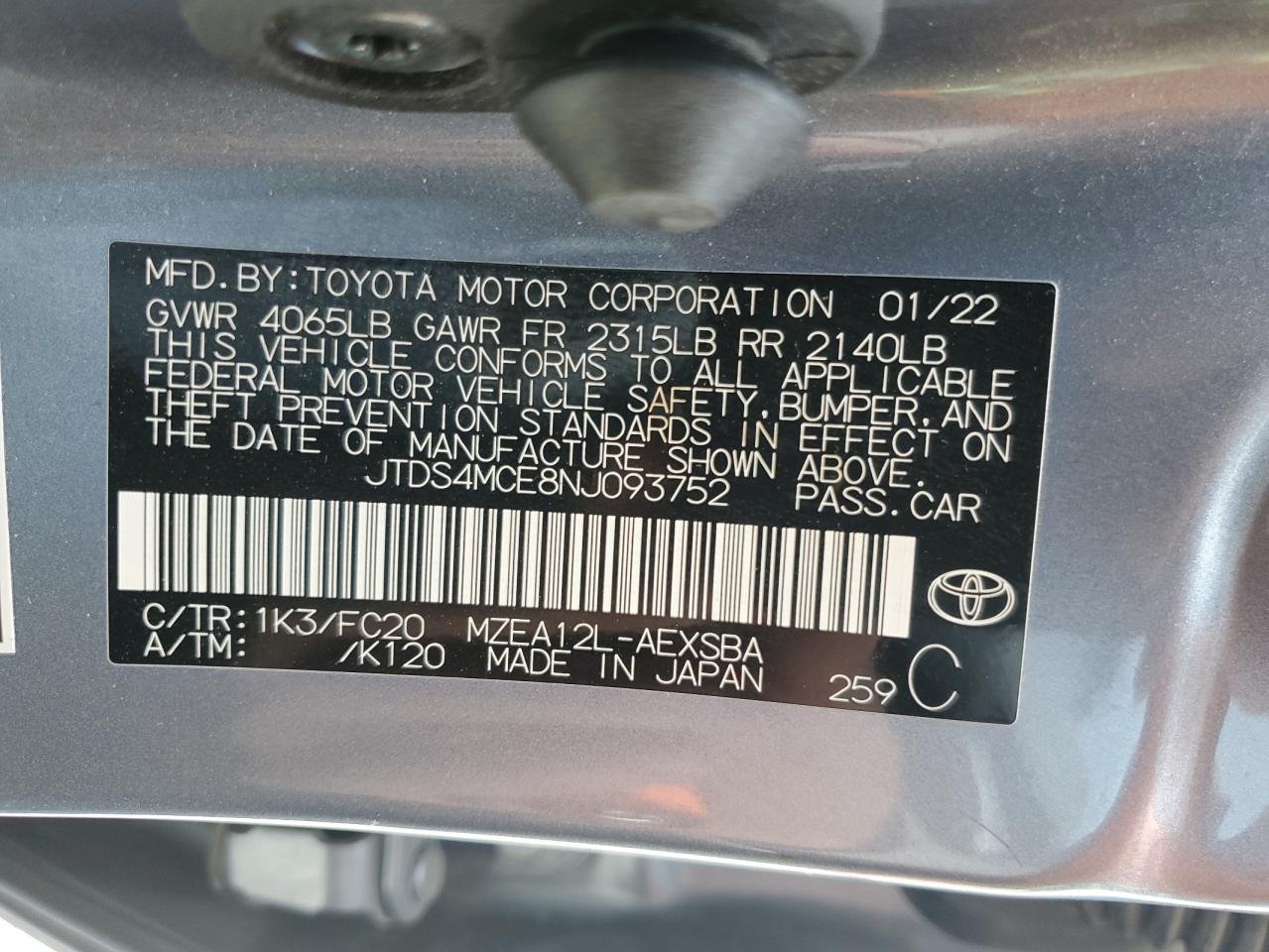 2022 TOYOTA COROLLA SE VIN:JTDS4MCE8NJ093752