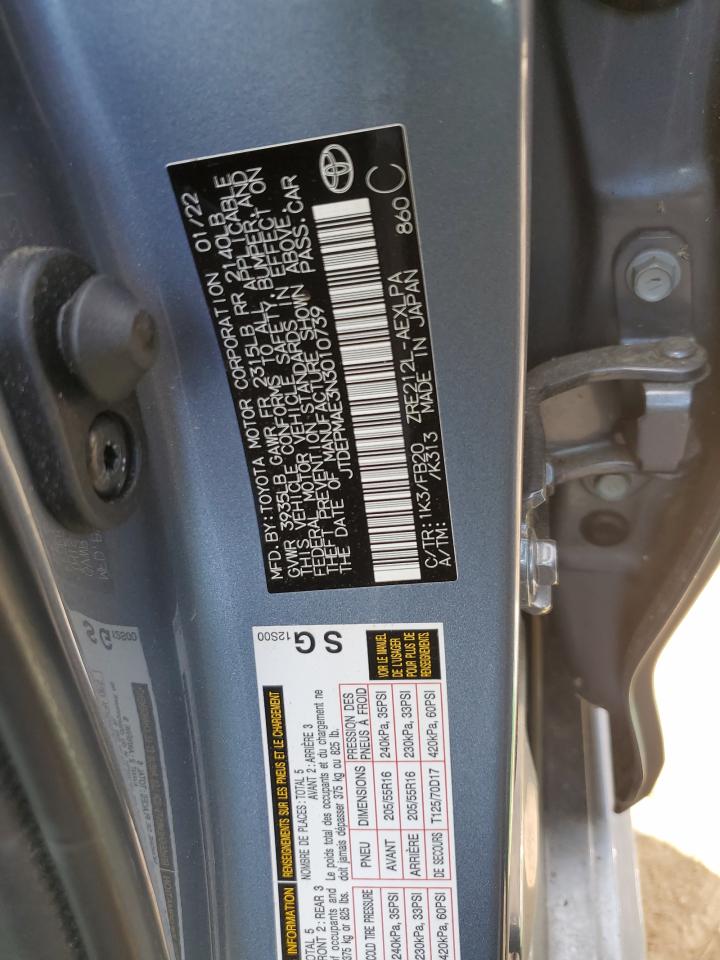 2022 TOYOTA COROLLA LE VIN:JTDEPMAE3N3010739