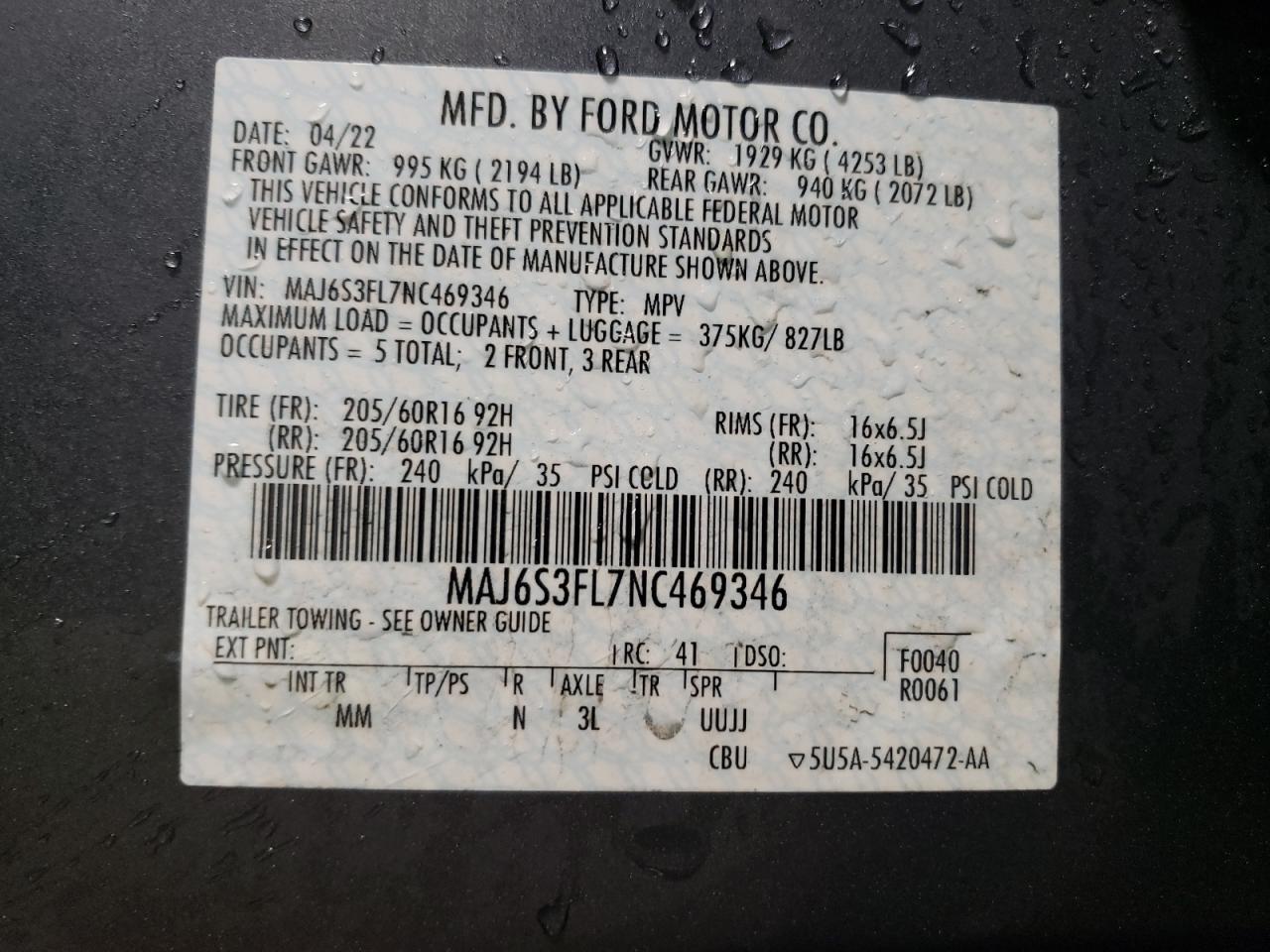 2022 FORD ECOSPORT S VIN:MAJ6S3FL7NC469346