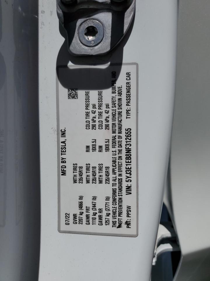 2022 TESLA MODEL 3 VIN:5YJ3E1EB8NF312655