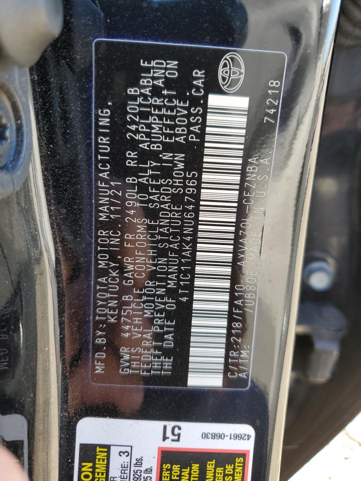 2022 TOYOTA CAMRY LE VIN:4T1C11AK4NU647965