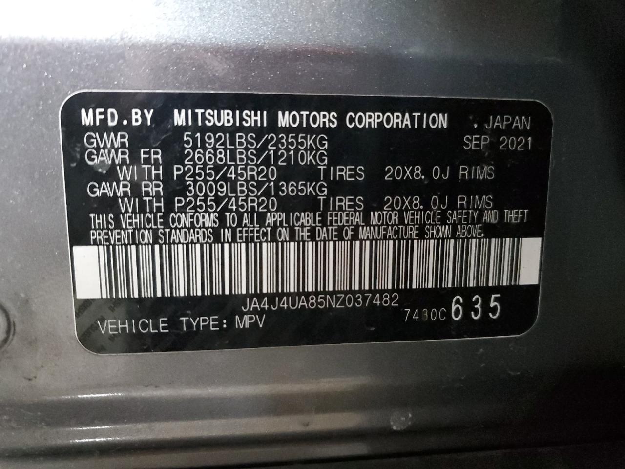 2022 MITSUBISHI OUTLANDER SE VIN:JA4J4UA85NZ037482