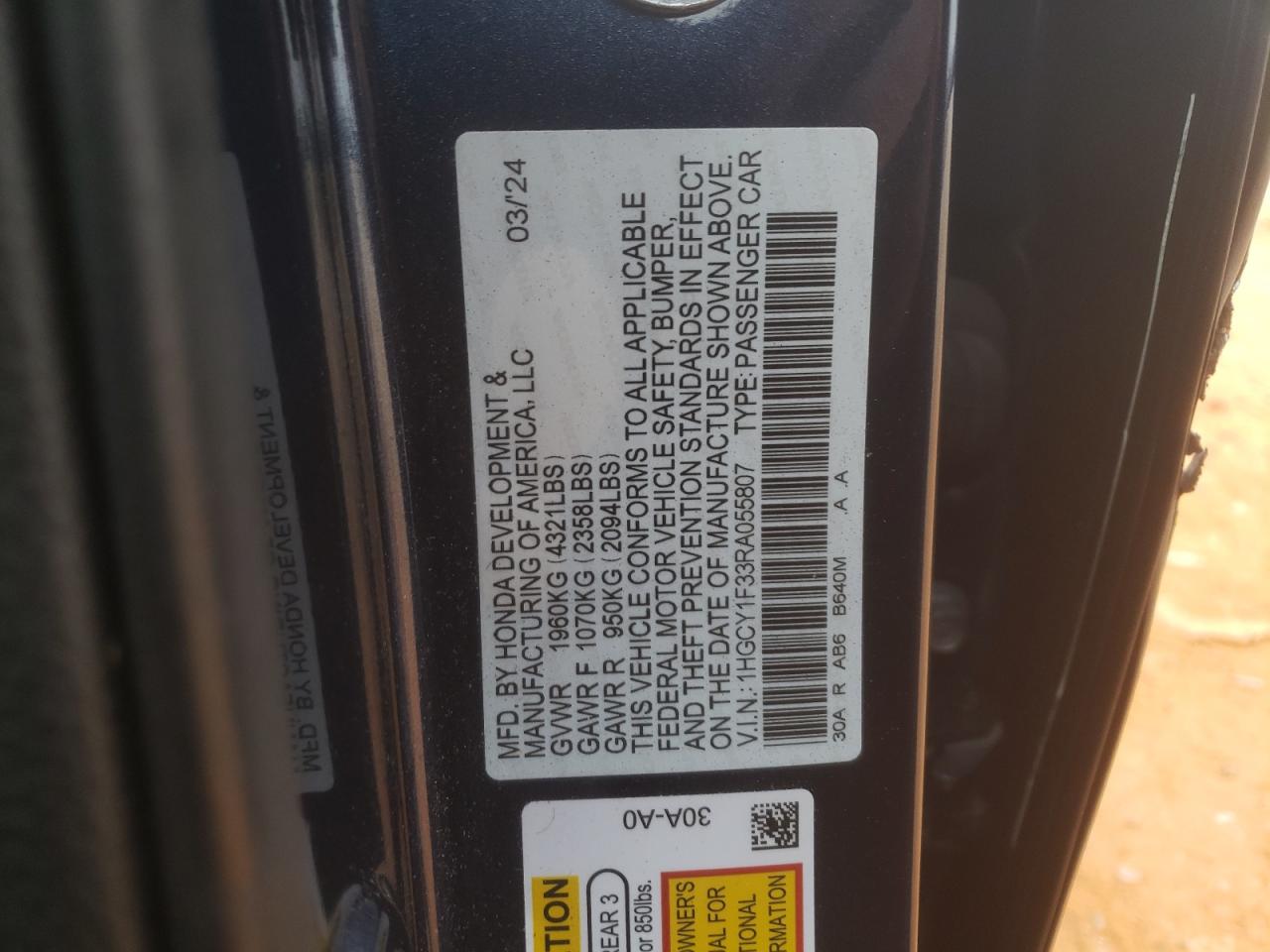 2024 HONDA ACCORD EX VIN:1HGCY1F33RA055807