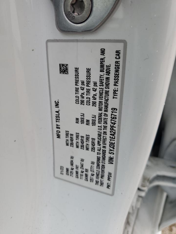 2023 TESLA MODEL 3 VIN:5YJ3E1EA2PF476719