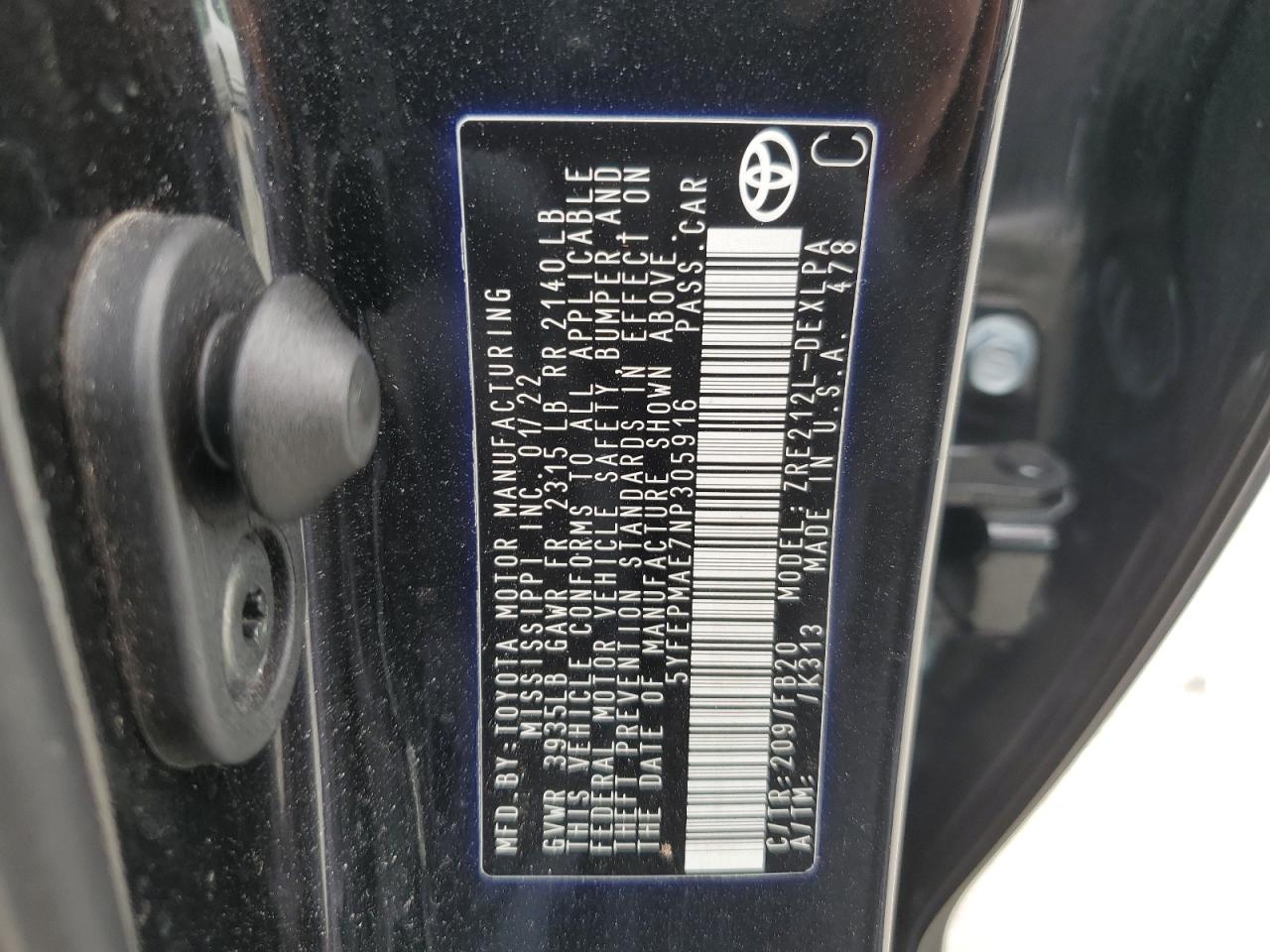 2022 TOYOTA COROLLA LE VIN:5YFEPMAE7NP305916