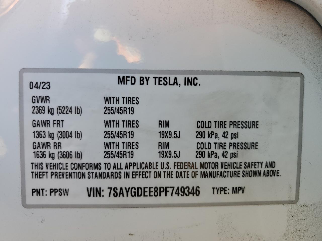 2023 TESLA MODEL Y VIN:7SAYGDEE8PF749346