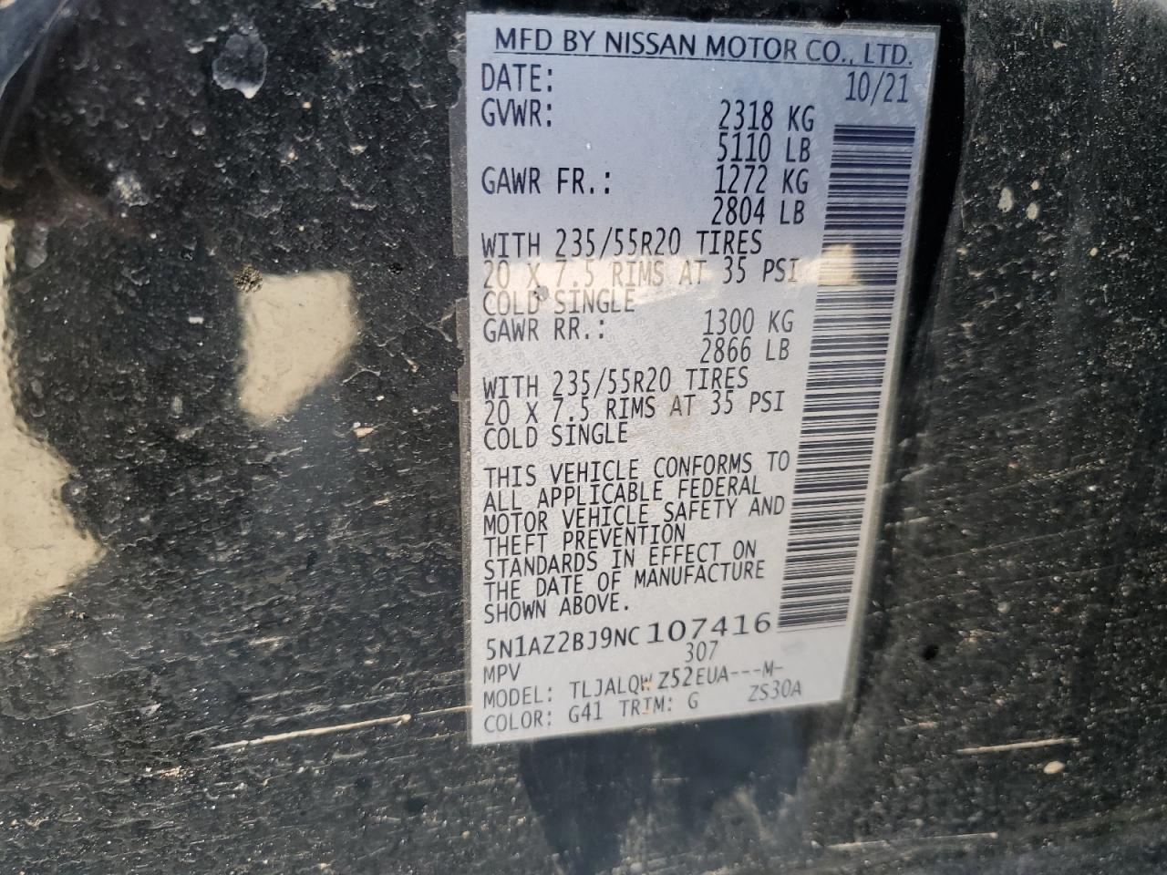 2022 NISSAN MURANO SV VIN:5N1AZ2BJ9NC107416