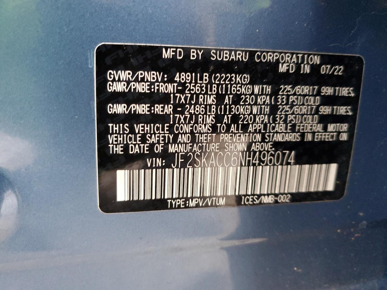 2022 SUBARU FORESTER VIN:JF2SKACC6NH496074