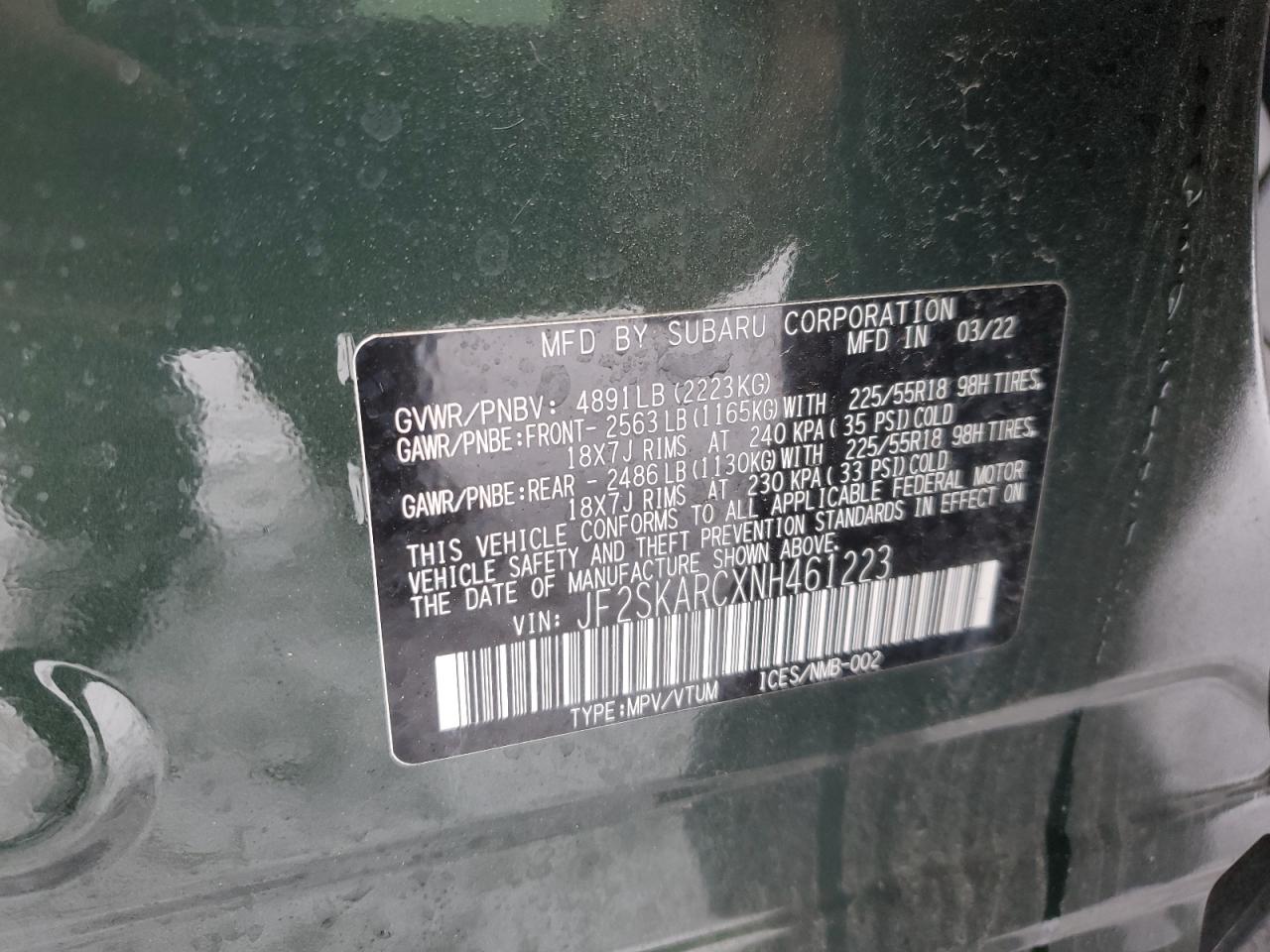 2022 SUBARU FORESTER TOURING VIN:JF2SKARCXNH461223