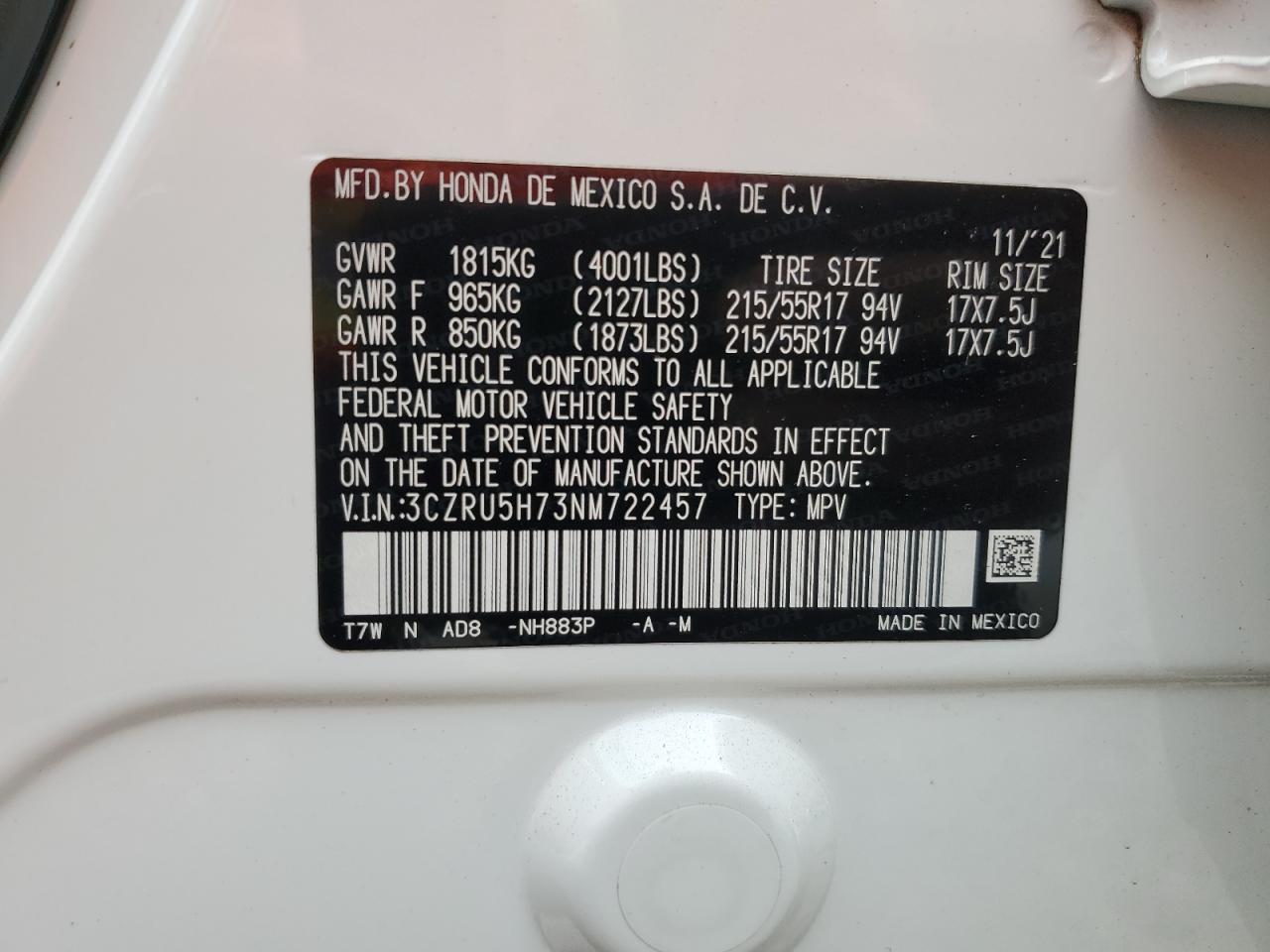 2022 HONDA HR-V EXL VIN:3CZRU5H73NM722457