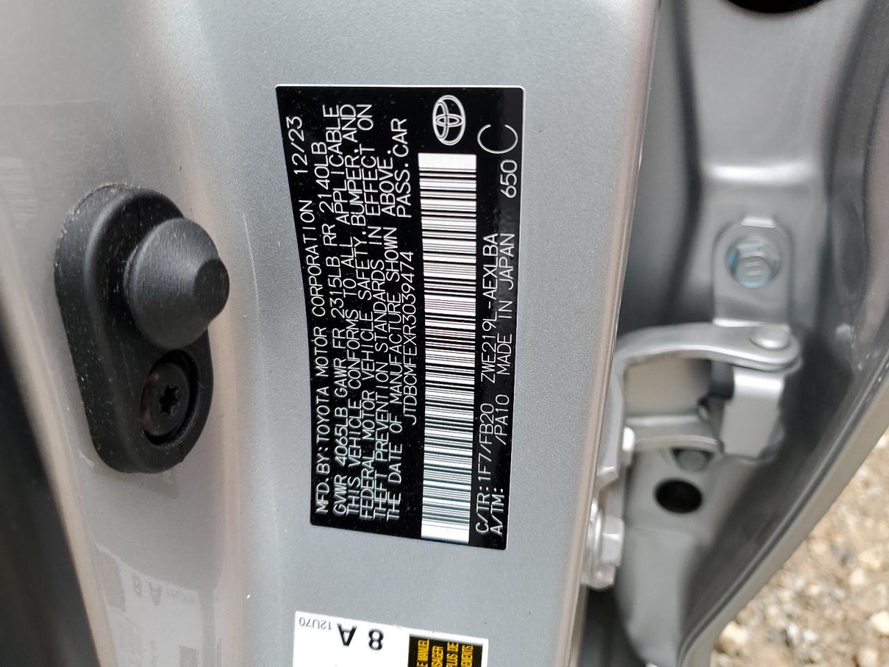 2024 TOYOTA COROLLA LE VIN:JTDBCMFEXR3039474