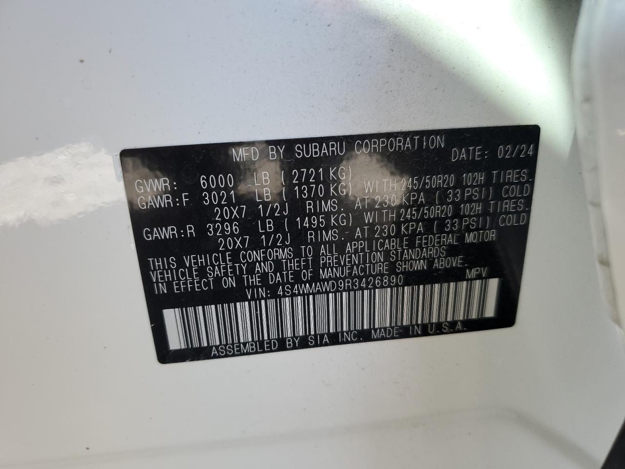 2024 SUBARU ASCENT TOURING VIN:4S4WMAWD9R3426890