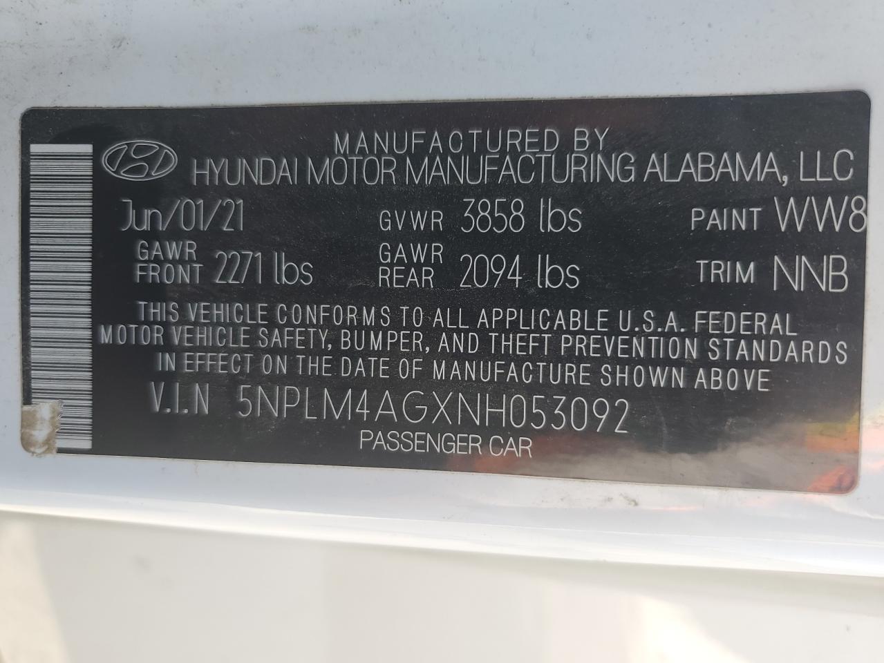 2022 HYUNDAI ELANTRA SEL VIN:5NPLM4AGXNH053092