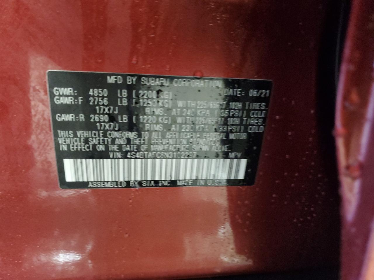 2022 SUBARU OUTBACK PREMIUM VIN:4S4BTAFC8N3102297