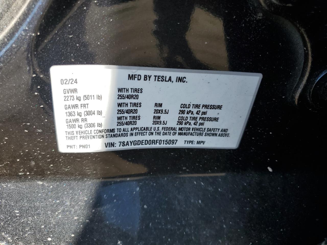 2024 TESLA MODEL Y VIN:7SAYGDED0RF015097