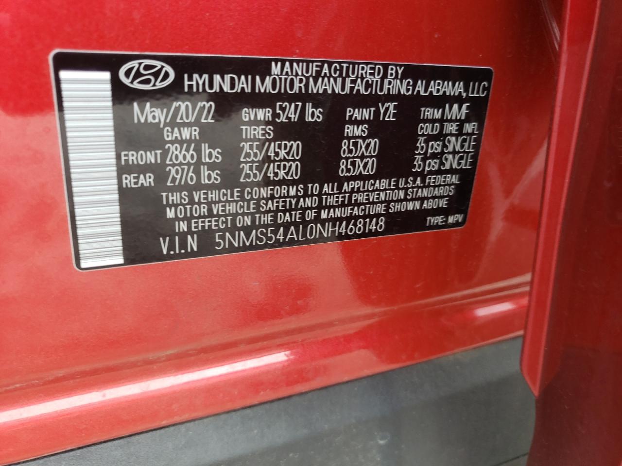 2022 HYUNDAI SANTA FE CALLIGRAPHY VIN:5NMS54AL0NH468148