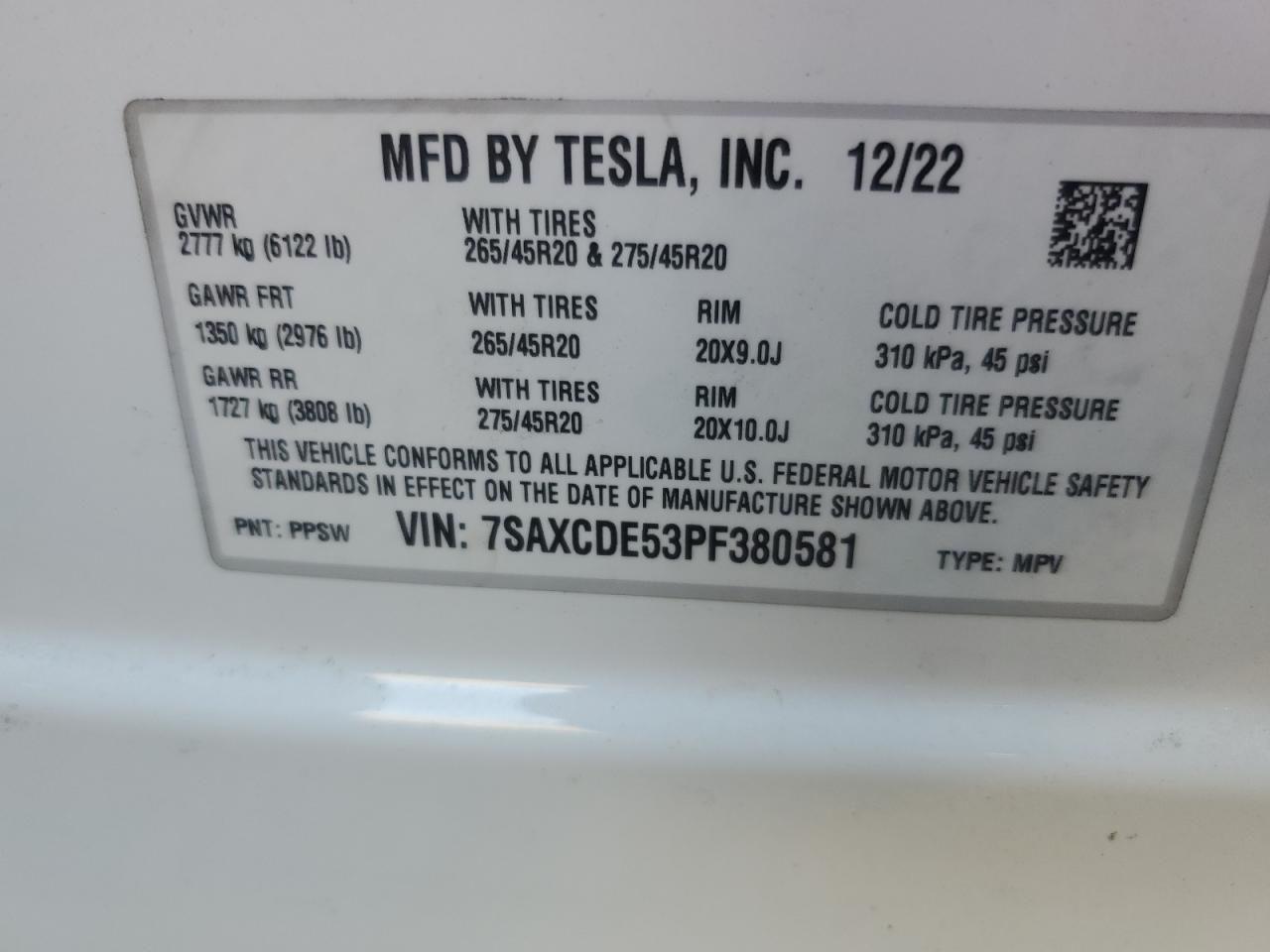 2023 TESLA MODEL X VIN:7SAXCDE53PF380581
