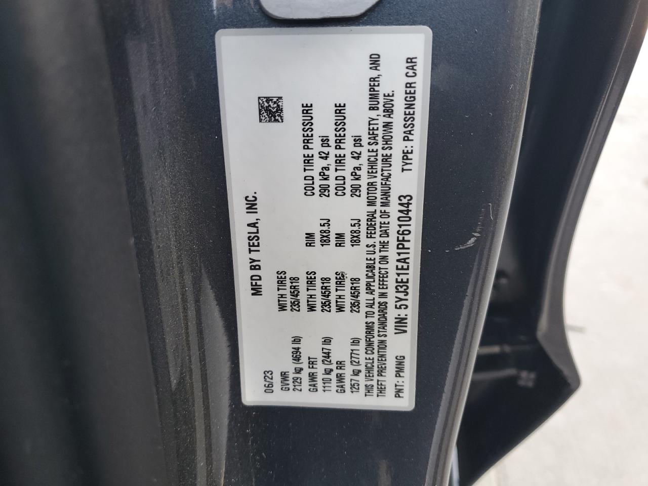 2023 TESLA MODEL 3 VIN:5YJ3E1EA1PF610443