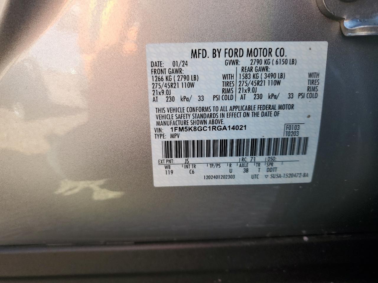 2024 FORD EXPLORER ST VIN:1FM5K8GC1RGA14021