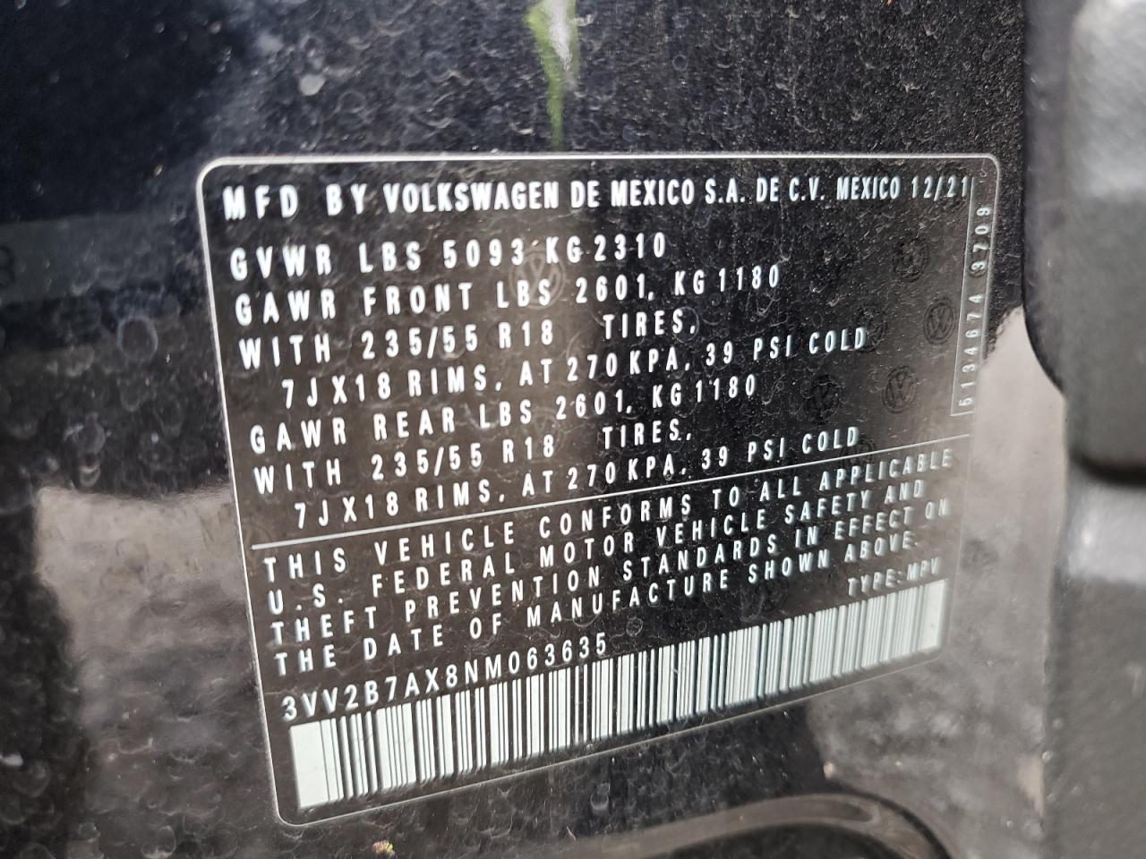 2022 VOLKSWAGEN TIGUAN SE VIN:3VV2B7AX8NM063635