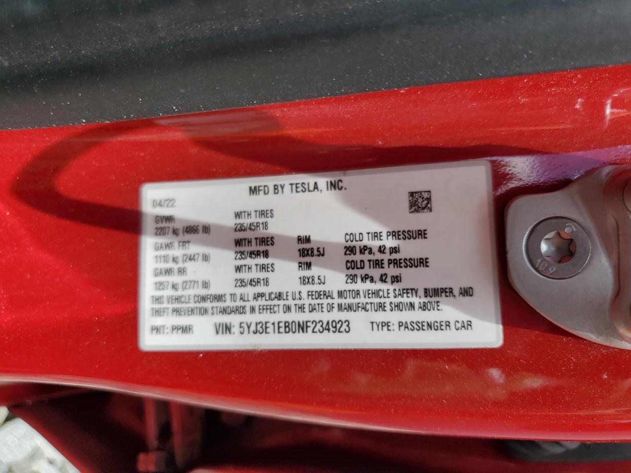 2022 TESLA MODEL 3 VIN:5YJ3E1EB0NF234923