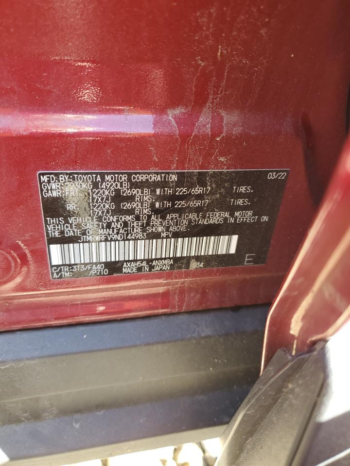 2022 TOYOTA RAV4 XLE VIN:JTMRWRFV9ND144983