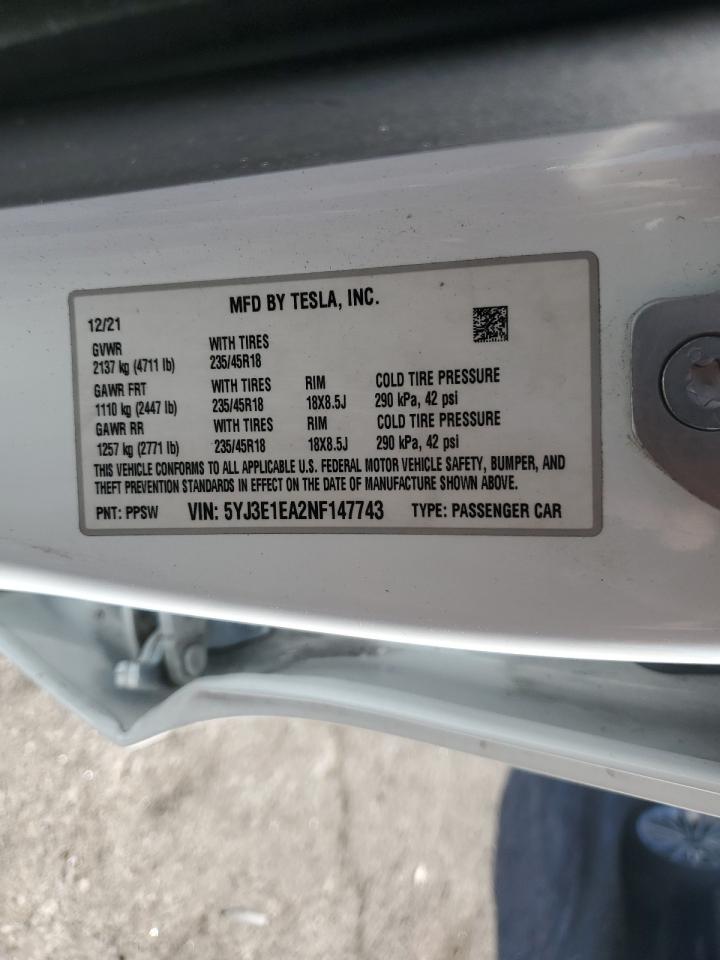 2022 TESLA MODEL 3 VIN:5YJ3E1EA2NF147743