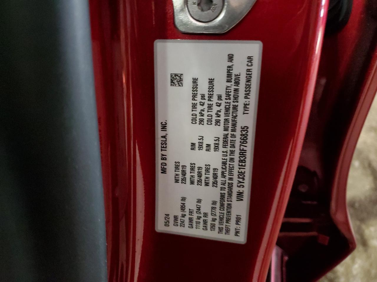 2024 TESLA MODEL 3 VIN:5YJ3E1EB3RF766835