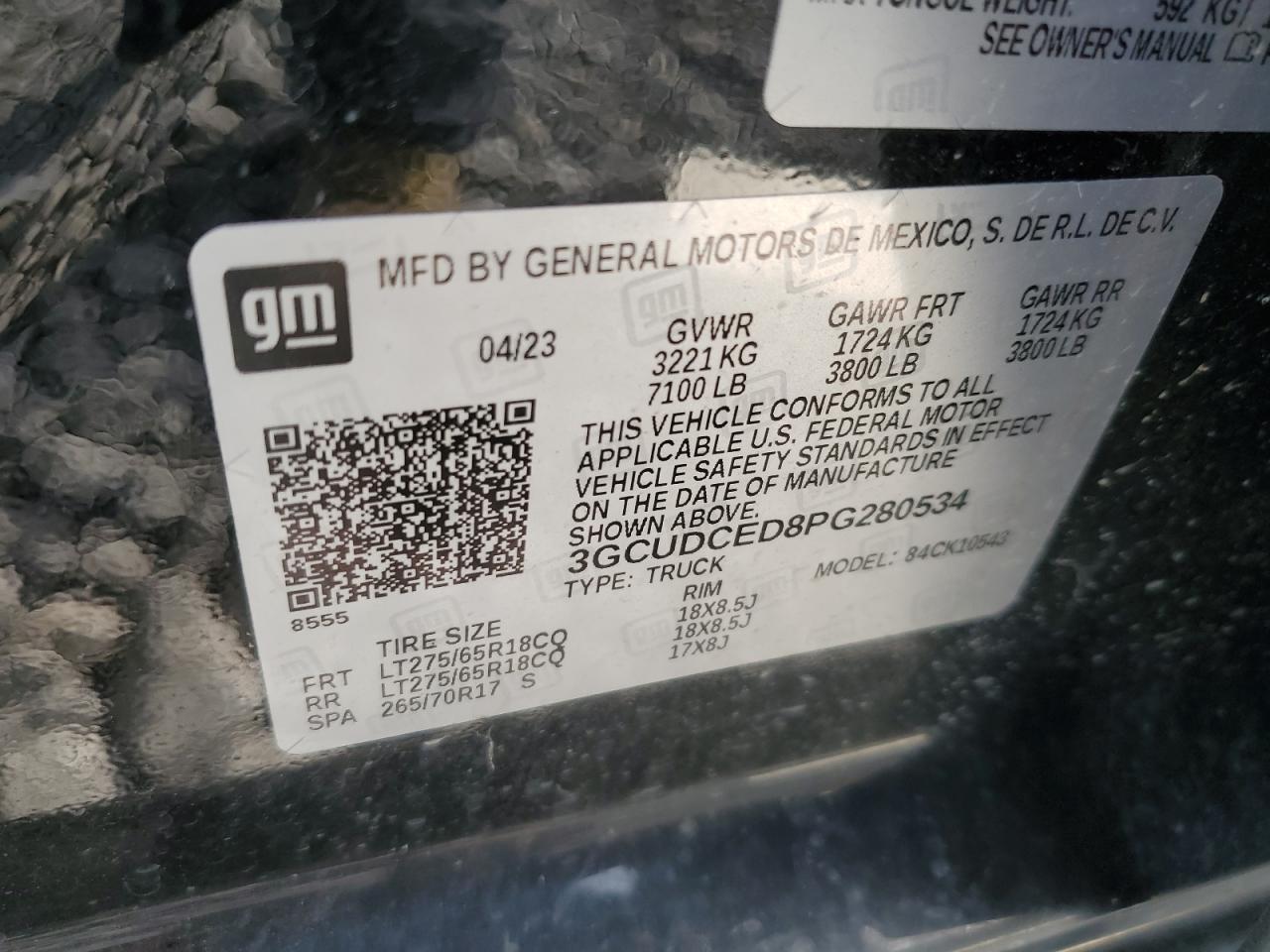 2023 CHEVROLET SILVERADO K1500 TRAIL BOSS CUSTOM VIN:3GCUDCED8PG280534