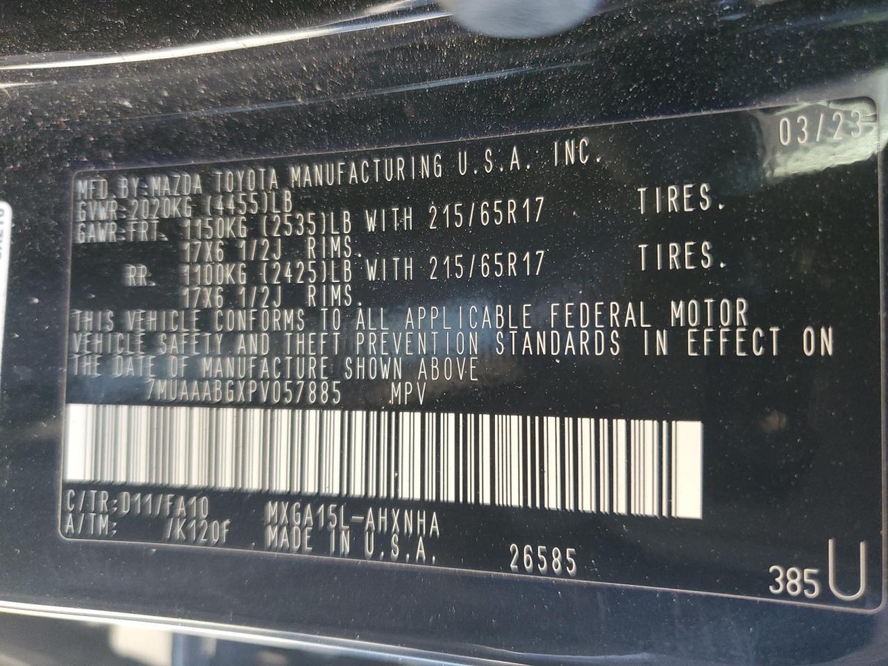 2023 TOYOTA COROLLA CROSS L VIN:7MUAAABGXPV057885