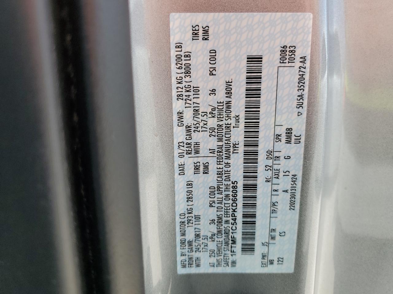 2023 FORD F150 VIN:1FTMF1C54PKD66085