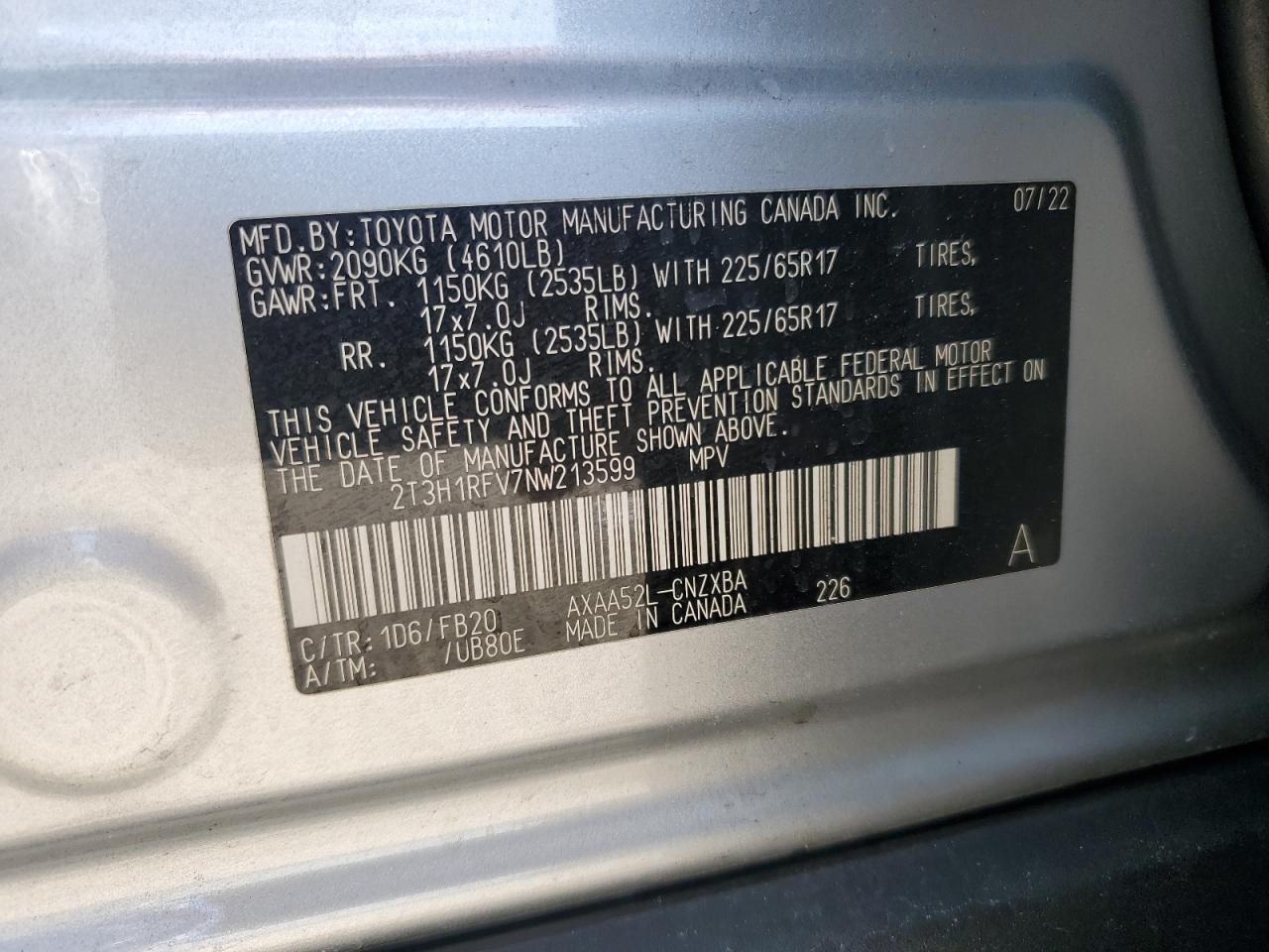 2022 TOYOTA RAV4 LE VIN:2T3H1RFV7NW213599