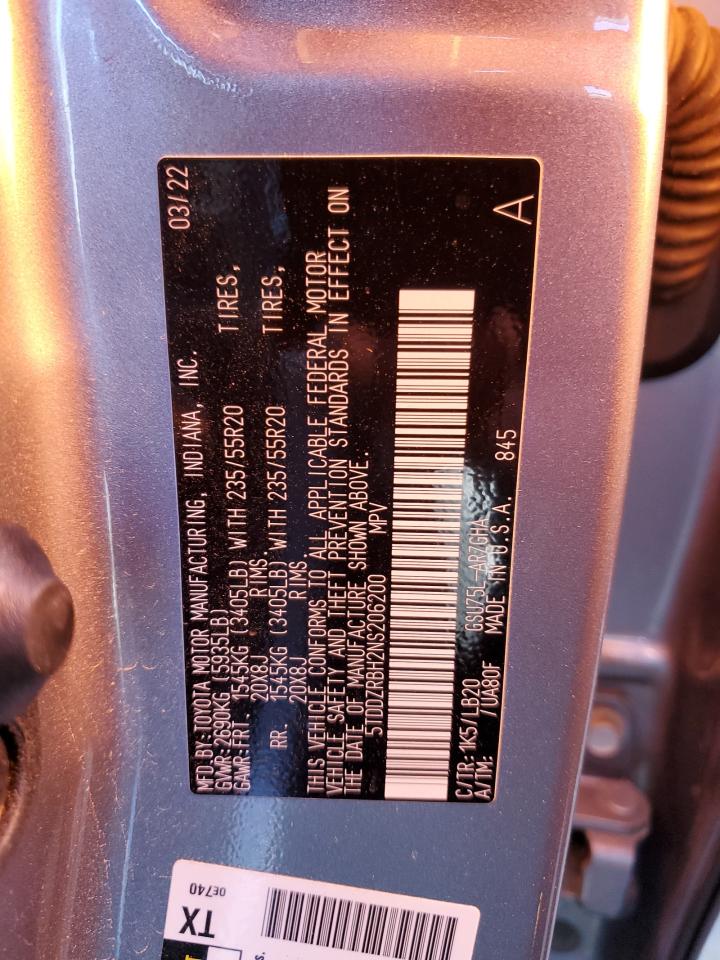 2022 TOYOTA HIGHLANDER LIMITED VIN:5TDDZRBH2NS206200