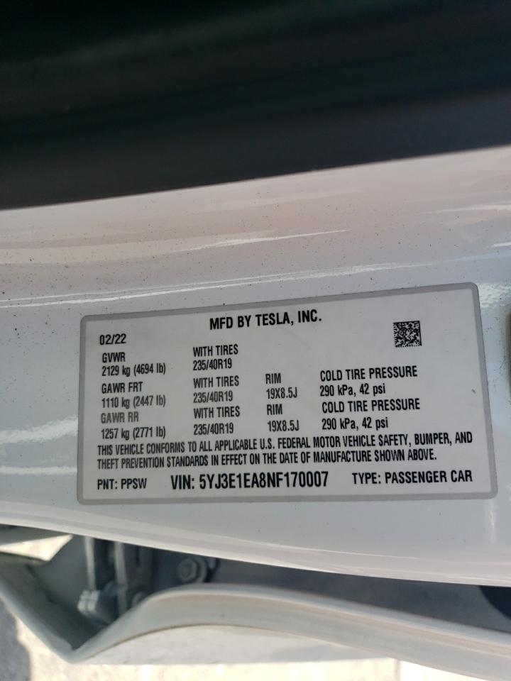 2022 TESLA MODEL 3 VIN:5YJ3E1EA8NF170007