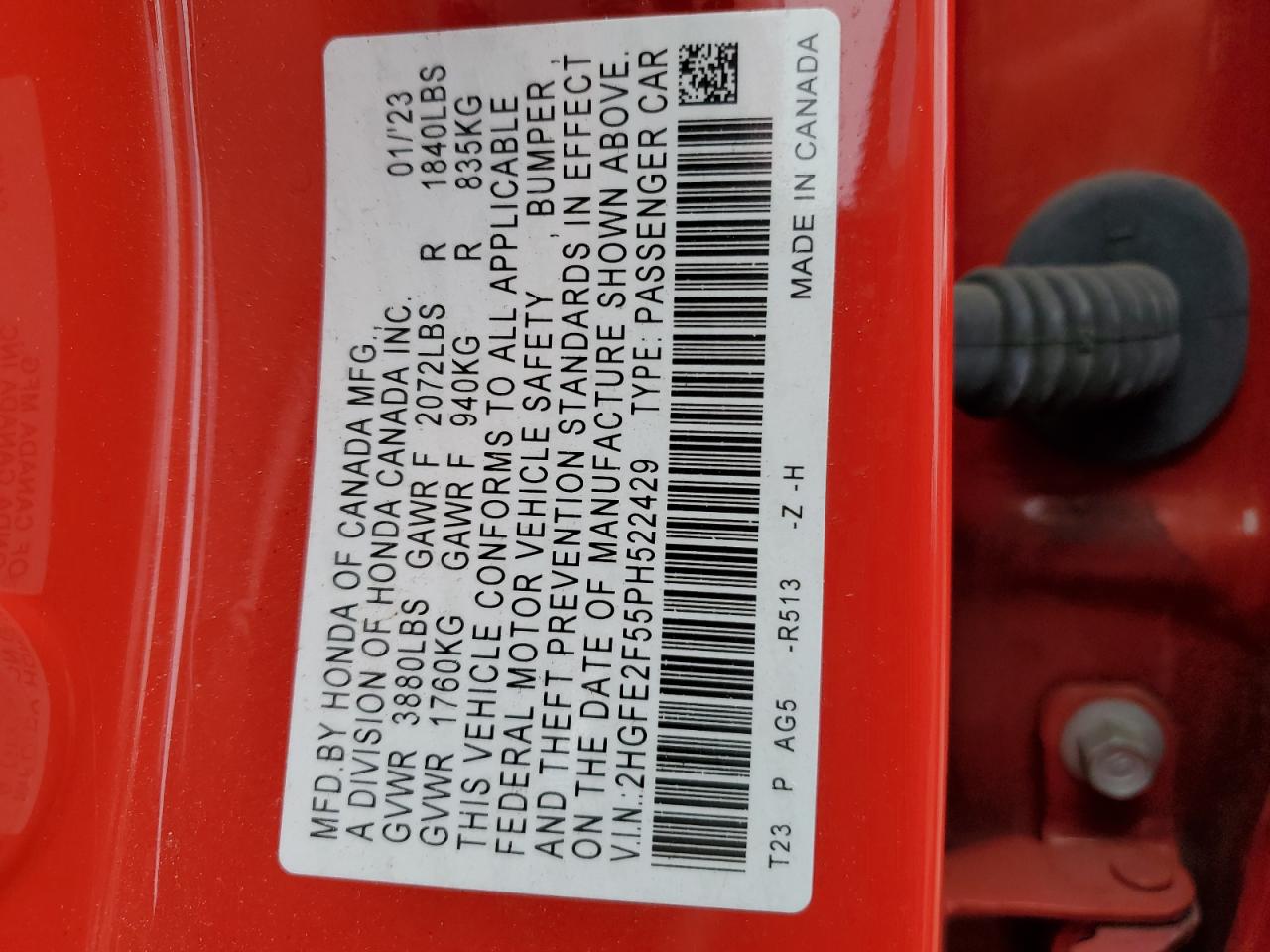 2023 HONDA CIVIC SPORT VIN:2HGFE2F55PH522429