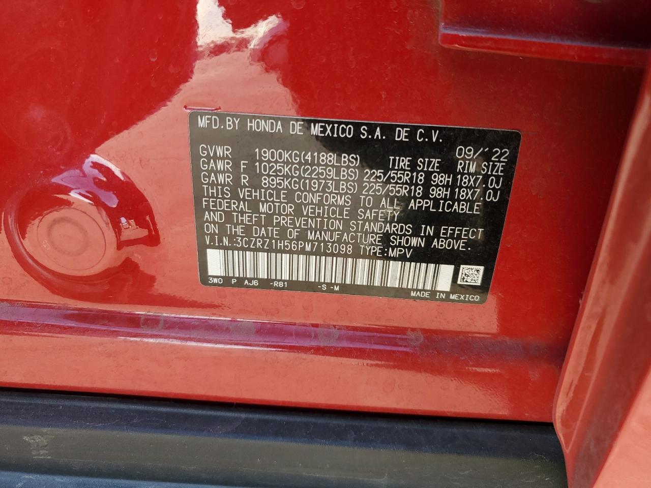 2023 HONDA HR-V SPORT VIN:3CZRZ1H56PM713098