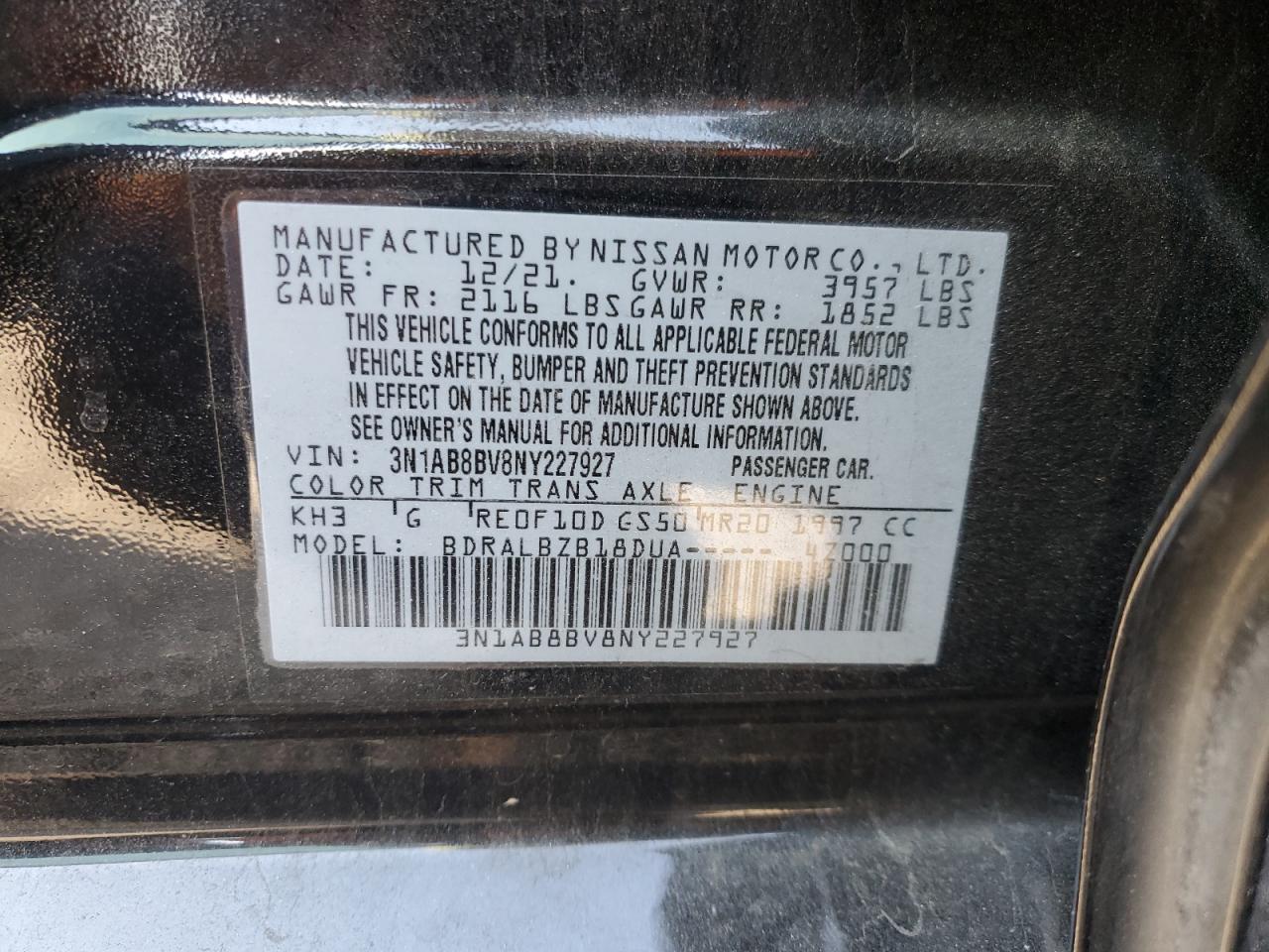 2022 NISSAN SENTRA S VIN:3N1AB8BV8NY227927