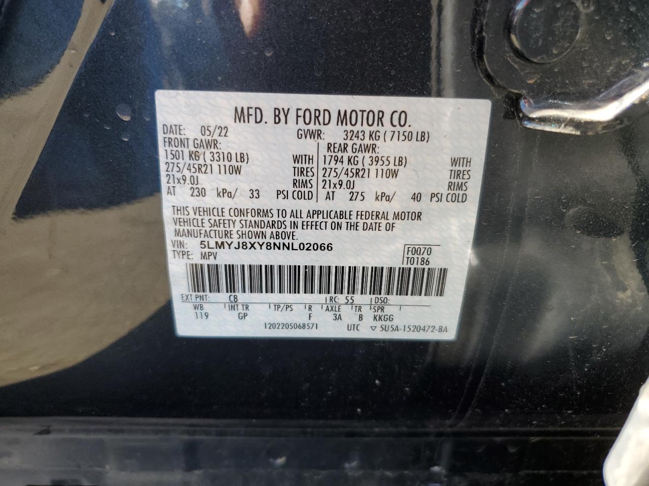 2022 LINCOLN AVIATOR GRAND TOURING VIN:5LMYJ8XY8NNL02066