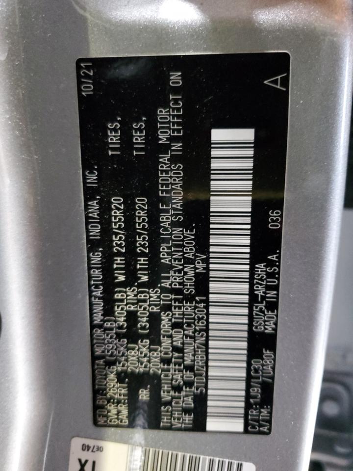 2022 TOYOTA HIGHLANDER XSE VIN:5TDJZRBH7NS163041