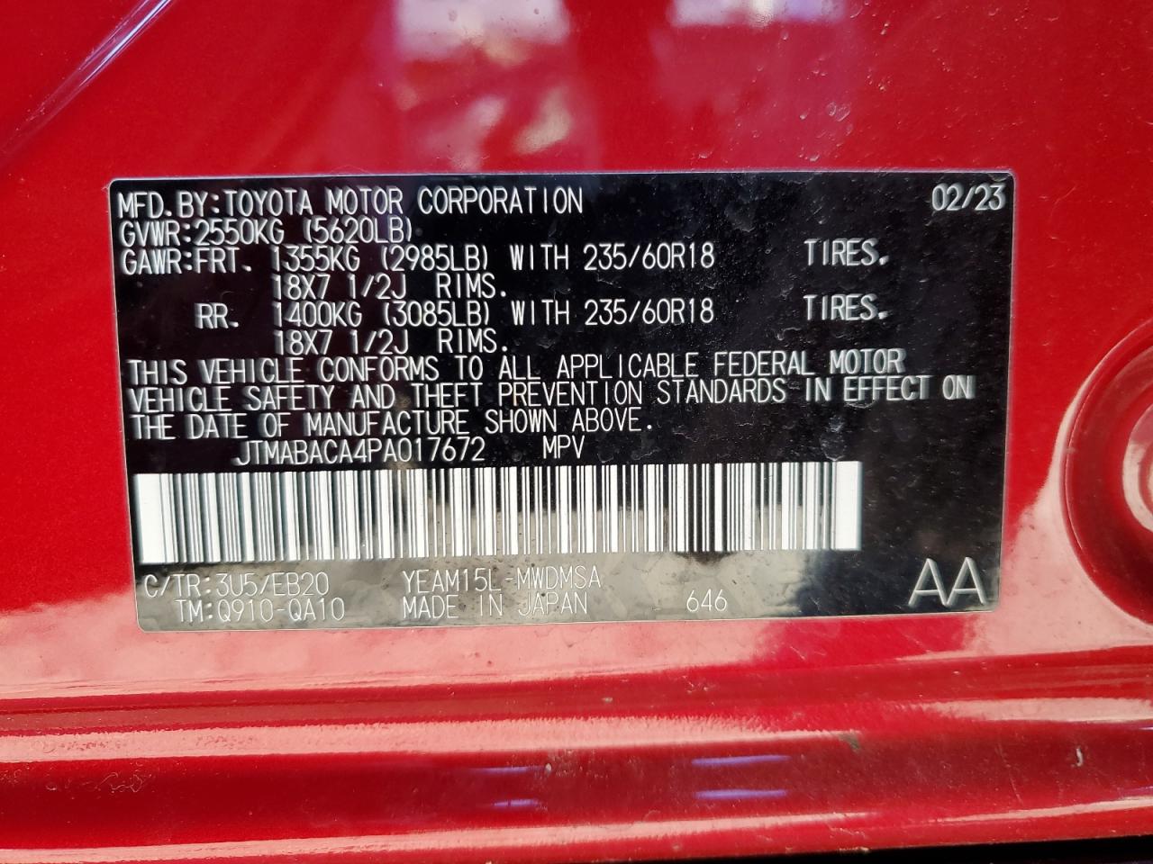 2023 TOYOTA BZ4X XLE VIN:JTMABACA4PA017672