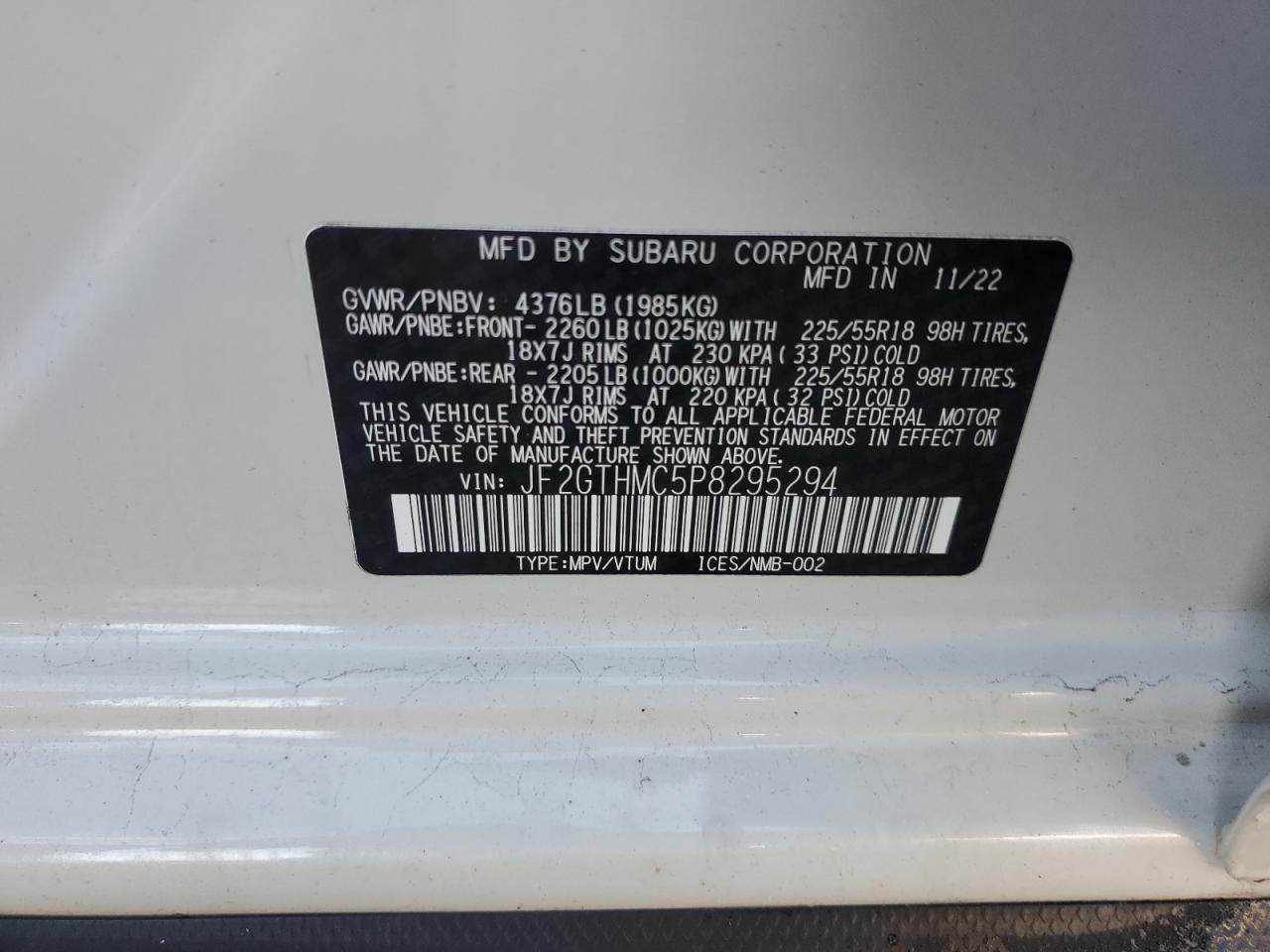 2023 SUBARU CROSSTREK LIMITED VIN:JF2GTHMC5P8295294